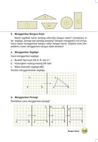 139Bangun Datar
2. Menggambar Bangun Datar
Masih ingatkah kamu tentang sifat-sifat bangun datar? Contohnya si-
fat segitiga, persegi dan persegi panjang? Dengan mengetahui ciri-cirinya,
kamu dapat menggambar bangun datar dengan benar. Siapkan buku ber-
petakmu untuk menggambar bangun datar tersebut!
a. Menggambar Segitiga
Cara menggambar segitiga:
a. Buatlah tiga buah titik A, B, dan C !
b. Hubungkan masing-masing titik tadi!
c. Maka diperoleh segitiga ABC
Contoh menggambarkan segitiga
b. Menggambar Persegi
Perhatikan cara menggambar persegi!
••
•
••
•
A B
C
A B
C
•
A B
C
• ••
•
••
•
A B
C
A B
•
D
C
A B
D
• •
k
o
n
ml
 