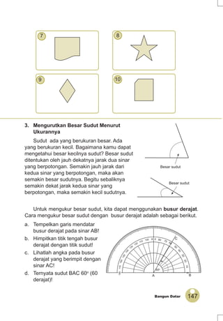 147Bangun Datar
7 8
9 10
3. Mengurutkan Besar Sudut Menurut
Ukurannya
Sudut ada yang berukuran besar. Ada
yang berukuran kecil. Bagaimana kamu dapat
mengetahui besar kecilnya sudut? Besar sudut
ditentukan oleh jauh dekatnya jarak dua sinar
yang berpotongan. Semakin jauh jarak dari
kedua sinar yang berpotongan, maka akan
semakin besar sudutnya. Begitu sebaliknya
semakin dekat jarak kedua sinar yang
berpotongan, maka semakin kecil sudutnya.
Untuk mengukur besar sudut, kita dapat menggunakan busur derajat.
Cara mengukur besar sudut dengan busur derajat adalah sebagai berikut.
a. Tempelkan garis mendatar
busur derajat pada sinar AB!
b. Himpitkan titik tengah busur
derajat dengan titik sudut!
c. Lihatlah angka pada busur
derajat yang berimpit dengan
sinar AC!
d. Ternyata sudut BAC 60o
(60
derajat)!
Besar sudut
Besar sudut
010
20
30
40
50
60
70
809 0100
110
120
130
140
150
160
170180
60o
A B
C
 