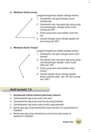151Bangun Datar
b. Membuat Sudut Lancip
Langkah-langkahnya adalah sebagai berikut.
1. Gambarlah ruas garis dengan posisi
sembarang!
2. Gambarlah satu ruas garis lagi yang ujung-
nya berpotongan, dengan besar sudut
kurang dari 90o
!
3. Sudut yang kamu buat adalah sudut lan-
cip.
4. Ukurlah dengan busur derajat apakah be-
sar kurang dari 900
?
c. Membuat Sudut Tumpul
Langkah-langkahnya adalah sebagai berikut.
1. Gambarlah ruas garis dengan posisi sem-
barang!
2. Gambarlah satu ruas garis lagi yang ujung-
nya berpotongan dengan besar sudut
lebih dari 900
!
3. Sudut yang kamu buat adalah sudut
tumpul.
4. Ukurlah dengan busur derajat apakah
besar sudutnya lebih dari 900
dan kurang
dari 180o
?
1. Kerjakanlah latihan berikut pada buku tulismu!
a. Gambarkanlah tiga buah sudut siku-siku!
b. Gambarkanlah tiga buah sudut lancip yang berbeda!
c. Gambarkanlah tiga buah sudut tumpul yang berbeda!
d. Benda apa saja yang membentuk sudut siku-siku di ruang kelasmu?
Catatlah!
e. Benda apa saja yang membentuk sudut lancip atau tumpul di
sekitarmu? Catatlah!
Aktif berlatih 7.8
 