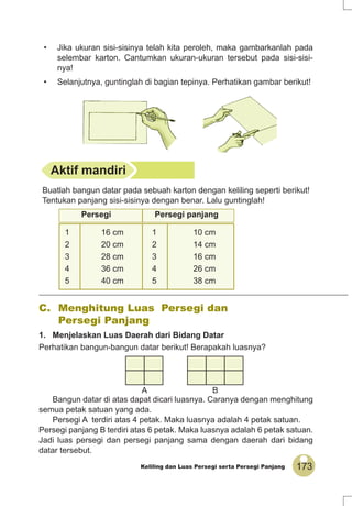 173Keliling dan Luas Persegi serta Persegi Panjang
• Jika ukuran sisi-sisinya telah kita peroleh, maka gambarkanlah pada
selembar karton. Cantumkan ukuran-ukuran tersebut pada sisi-sisi-
nya!
• Selanjutnya, guntinglah di bagian tepinya. Perhatikan gambar berikut!
C. Menghitung Luas Persegi dan
Persegi Panjang
1. Menjelaskan Luas Daerah dari Bidang Datar
Perhatikan bangun-bangun datar berikut! Berapakah luasnya?
Bangun datar di atas dapat dicari luasnya. Caranya dengan menghitung
semua petak satuan yang ada.
Persegi A terdiri atas 4 petak. Maka luasnya adalah 4 petak satuan.
Persegi panjang B terdiri atas 6 petak. Maka luasnya adalah 6 petak satuan.
Jadi luas persegi dan persegi panjang sama dengan daerah dari bidang
datar tersebut.
A B
Aktif mandiri
Buatlah bangun datar pada sebuah karton dengan keliling seperti berikut!
Tentukan panjang sisi-sisinya dengan benar. Lalu guntinglah!
Persegi Persegi panjang
1 16 cm 1 10 cm
2 20 cm 2 14 cm
3 28 cm 3 16 cm
4 36 cm 4 26 cm
5 40 cm 5 38 cm
 