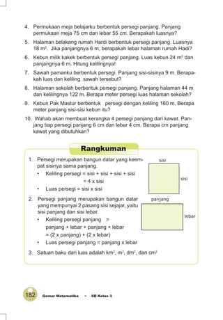 182 Gemar Matematika ~ SD Kelas 3
Rangkuman
1. Persegi merupakan bangun datar yang keem-
pat sisinya sama panjang.
• Keliling persegi = sisi + sisi + sisi + sisi
= 4 x sisi
• Luas persegi = sisi x sisi
2. Persegi panjang merupakan bangun datar
yang mempunyai 2 pasang sisi sejajar, yaitu
sisi panjang dan sisi lebar.
• Keliling persegi panjang =
panjang + lebar + panjang + lebar
= (2 x panjang) + (2 x lebar)
• Luas persegi panjang = panjang x lebar
3. Satuan baku dari luas adalah km2
, m2
, dm2
, dan cm2
4. Permukaan meja belajarku berbentuk persegi panjang. Panjang
permukaan meja 75 cm dan lebar 55 cm. Berapakah luasnya?
5. Halaman belakang rumah Hardi berbentuk persegi panjang. Luasnya
18 m2
. Jika panjangnya 6 m, berapakah lebar halaman rumah Hadi?
6. Kebun milik kakek berbentuk persegi panjang. Luas kebun 24 m2
dan
panjangnya 6 m. Hitung kelilingnya!
7. Sawah pamanku berbentuk persegi. Panjang sisi-sisinya 9 m. Berapa-
kah luas dan keliling sawah tersebut?
8. Halaman sekolah berbentuk persegi panjang. Panjang halaman 44 m
dan kelilingnya 122 m. Berapa meter persegi luas halaman sekolah?
9. Kebun Pak Mastur berbentuk persegi dengan keliling 160 m. Berapa
meter panjang sisi-sisi kebun itu?
10. Wahab akan membuat kerangka 4 persegi panjang dari kawat. Pan-
jang tiap persegi panjang 6 cm dan lebar 4 cm. Berapa cm panjang
kawat yang dibutuhkan?
sisi
sisi
panjang
lebar
 