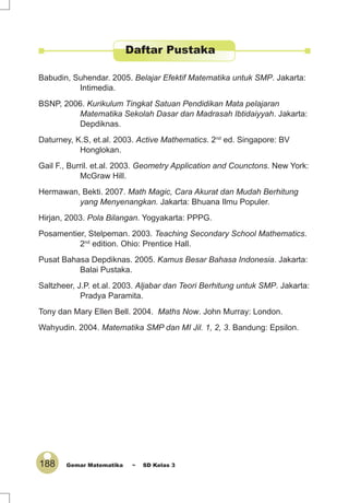 188 Gemar Matematika ~ SD Kelas 3
Babudin, Suhendar. 2005. Belajar Efektif Matematika untuk SMP. Jakarta:
Intimedia.
BSNP, 2006. Kurikulum Tingkat Satuan Pendidikan Mata pelajaran
Matematika Sekolah Dasar dan Madrasah Ibtidaiyyah. Jakarta:
Depdiknas.
Daturney, K.S, et.al. 2003. Active Mathematics. 2nd
ed. Singapore: BV
Honglokan.
Gail F., Burril. et.al. 2003. Geometry Application and Counctons. New York:
McGraw Hill.
Hermawan, Bekti. 2007. Math Magic, Cara Akurat dan Mudah Berhitung
yang Menyenangkan. Jakarta: Bhuana Ilmu Populer.
Hirjan, 2003. Pola Bilangan. Yogyakarta: PPPG.
Posamentier, Stelpeman. 2003. Teaching Secondary School Mathematics.
2nd
edition. Ohio: Prentice Hall.
Pusat Bahasa Depdiknas. 2005. Kamus Besar Bahasa Indonesia. Jakarta:
Balai Pustaka.
Saltzheer, J.P. et.al. 2003. Aljabar dan Teori Berhitung untuk SMP. Jakarta:
Pradya Paramita.
Tony dan Mary Ellen Bell. 2004. Maths Now. John Murray: London.
Wahyudin. 2004. Matematika SMP dan MI Jil. 1, 2, 3. Bandung: Epsilon.
Daftar Pustaka
 