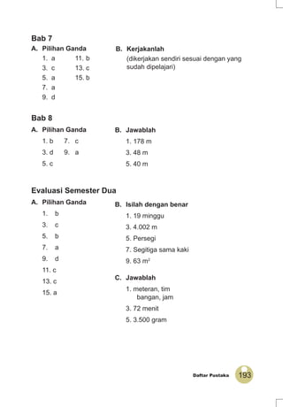 193Daftar Pustaka
Bab 7
A. Pilihan Ganda
1. a 11. b
3. c 13. c
5. a 15. b
7. a
9. d
B. Kerjakanlah
(dikerjakan sendiri sesuai dengan yang
sudah dipelajari)
Evaluasi Semester Dua
A. Pilihan Ganda
1. b
3. c
5. b
7. a
9. d
11. c
13. c
15. a
Bab 8
A. Pilihan Ganda
1. b 7. c
3. d 9. a
5. c
B. Isilah dengan benar
1. 19 minggu
3. 4.002 m
5. Persegi
7. Segitiga sama kaki
9. 63 m2
C. Jawablah
1. meteran, tim
bangan, jam
3. 72 menit
5. 3.500 gram
B. Jawablah
1. 178 m
3. 48 m
5. 40 m
 