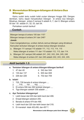 13Menentukan Letak Bilangan pada Garis Bilangan
Contoh
D. Menentukan Bilangan-bilangan di Antara Dua
Bilangan
Kamu sudah tentu sudah hafal urutan bilangan hingga 500. Dengan
demikian, kamu dapat menyebutkan bilangan di antara dua bilangan.
Misalnya, bilangan antara 5 sampai 9 adalah 6, 7, dan 8. Bilangan antara
50 dan 55 adalah 51, 52, 53, dan 54.
Perhatikan contoh berikut!
Bilangan berapa di antara 100 dan 115?
Bilangan berapa di antara 241 dan 246?
Jawab:
Cara mengerjakannya, urutkan dahulu semua bilangan yang dimaksud.
Kemudian tentukan bilangan di antara kedua bilangan tersebut.
a. Bilangan 111 sampai 115 adalah 111, 112, 113, 114, 115
Maka bilangan di antara 111 dan 115 adalah 112, 113, dan 114.
b. Bilangan 241 sampai 246 adalah 241, 242, 243, 244, 245, 246
Maka bilangan di antara 241 dan 246 adalah 242, 243, 244, 245.
a. Tentukan bilangan di antara bilangan-bilangan berikut!
1. 47 dan 49 4. 542 dan 544
2. 135 dan 137 5. 600 dan 608
3. 226 dan 228 6. 702 dan 709
b. Isilah!
1. 725, 726 berada di antara bilangan ....
2. ...., 779, ...., 781, ...., 782, ...., ....
3. Di antara 556 dan 560 terletak bilangan ....
4. Tiga bilangan setelah 358 adalah ....
c. Ayo Tentukan bilangannya!
1. Lebih besar dari 403 dan lebih kecil dari 408.
2. Empat bilangan sebelum 200.
3. Berada di antara 474 dan 485.
4. Lebih kecil dari 325 dan lebih besar dari 318.
5. Di manakah letak 455,456, dan 457 ?.
Aktif berlatih 1.5
 