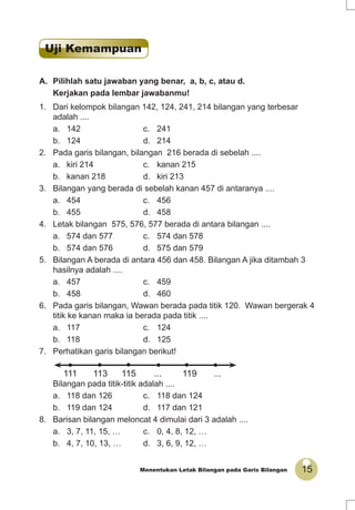 15Menentukan Letak Bilangan pada Garis Bilangan
Uji Kemampuan
A. Pilihlah satu jawaban yang benar, a, b, c, atau d.
Kerjakan pada lembar jawabanmu!
1. Dari kelompok bilangan 142, 124, 241, 214 bilangan yang terbesar
adalah ....
a. 142 c. 241
b. 124 d. 214
2. Pada garis bilangan, bilangan 216 berada di sebelah ....
a. kiri 214 c. kanan 215
b. kanan 218 d. kiri 213
3. Bilangan yang berada di sebelah kanan 457 di antaranya ....
a. 454 c. 456
b. 455 d. 458
4. Letak bilangan 575, 576, 577 berada di antara bilangan ....
a. 574 dan 577 c. 574 dan 578
b. 574 dan 576 d. 575 dan 579
5. Bilangan A berada di antara 456 dan 458. Bilangan A jika ditambah 3
hasilnya adalah ....
a. 457 c. 459
b. 458 d. 460
6. Pada garis bilangan, Wawan berada pada titik 120. Wawan bergerak 4
titik ke kanan maka ia berada pada titik ....
a. 117 c. 124
b. 118 d. 125
7. Perhatikan garis bilangan berikut!
111 113 115 ... 119 ...
Bilangan pada titik-titik adalah ....
a. 118 dan 126 c. 118 dan 124
b. 119 dan 124 d. 117 dan 121
8. Barisan bilangan meloncat 4 dimulai dari 3 adalah ....
a. 3, 7, 11, 15, … c. 0, 4, 8, 12, …
b. 4, 7, 10, 13, … d. 3, 6, 9, 12, …
• •• • ••
 