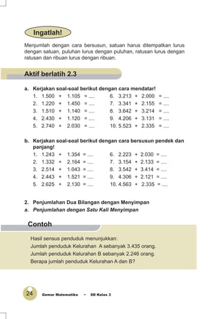 24 Gemar Matematika ~ SD Kelas 3
Contoh
Menjumlah dengan cara bersusun, satuan harus ditempatkan lurus
dengan satuan, puluhan lurus dengan puluhan, ratusan lurus dengan
ratusan dan ribuan lurus dengan ribuan.
a. Kerjakan soal-soal berikut dengan cara mendatar!
1. 1.500 + 1.105 = .... 6. 3.213 + 2.000 = ....
2. 1.220 + 1.450 = .... 7. 3.341 + 2.155 = ....
3. 1.510 + 1.140 = .... 8. 3.642 + 3.214 = ....
4. 2.430 + 1.120 = .... 9. 4.206 + 3.131 = ....
5. 2.740 + 2.030 = .... 10. 5.523 + 2.335 = ....
b. Kerjakan soal-soal berikut dengan cara bersusun pendek dan
panjang!
1. 1.243 + 1.354 = .... 6. 2.223 + 2.030 = ....
2. 1.332 + 2.164 = .... 7. 3.154 + 2.133 = ....
3. 2.514 + 1.043 = .... 8. 3.542 + 3.414 = ....
4. 2.443 + 1.521 = .... 9. 4.306 + 2.121 = ....
5. 2.625 + 2.130 = .... 10. 4.563 + 2.335 = ....
2. Penjumlahan Dua Bilangan dengan Menyimpan
a. Penjumlahan dengan Satu Kali Menyimpan
Ingatlah!
Hasil sensus penduduk menunjukkan:
Jumlah penduduk Kelurahan A sebanyak 3.435 orang.
Jumlah penduduk Kelurahan B sebanyak 2.246 orang.
Berapa jumlah penduduk Kelurahan A dan B?
Aktif berlatih 2.3
 