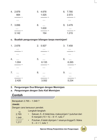 29Operasi Hitung Penjumlahan dan Pengurangan
Contoh
4. 2.879 5. 4.678 6. 7.785
664 1.525 2.573
_____ – _____ – _____ –
.... .... ....
7. 3.896 8. .... 9. 3.479
.... 1.630 ....
_____ – _____ – _____ –
3.142 154 1.215
c. Buatlah pengurangan bilangan tanpa meminjam!
1. 2.678 2. 5.927 3. 7.458
.... .... ....
_____ – _____ – _____ –
.... .... ....
4. .... 5. .... 6. ....
1.004 6.135 6.265
_____ – _____ – _____ –
.... .... ....
7. .... 8. .... 9. ....
.... .... ....
_____ – _____ – _____ –
2.420 3.552 5.234
2. Pengurangan Dua Bilangan dengan Meminjam
a. Pengurangan dengan Satu Kali Meminjam
Berapakah 2.765 – 1.548 ?
Jawab:
Dengan cara bersusun pendek:
10
2.765
1.548
_____–
1.217
Langkah-langkah:
• Satuan,5–8 tidakbisa,makapinjam1puluhandari
6 menjadi (10 + 5) – 8 =7, tulis 7
• Puluhan, 6 telah dipinjam 1 sisanya tinggal 5. Maka
5 – 4 = 1, tulis 1
 