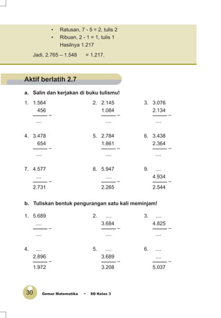 30 Gemar Matematika ~ SD Kelas 3
Jadi, 2.765 – 1.548 = 1.217.
a. Salin dan kerjakan di buku tulismu!
1. 1.564 2. 2.145 3. 3.076
456 1.084 2.134
_____ – _____ – _____ –
.... .... ....
4. 3.478 5. 2.784 6. 3.438
654 1.861 2.364
_____ – _____ – _____ –
.... .... ....
7. 4.577 8. 5.947 9. ....
.... .... 4.934
_____ – _____ – _____ –
2.731 2.265 2.544
b. Tuliskan bentuk pengurangan satu kali meminjam!
1. 5.689 2. .... 3. ....
.... 3.684 4.825
_____ – _____ – _____ –
.... .... ....
4. .... 5. .... 6. ....
2.896 3.689 ....
_____ – _____ – _____ –
1.972 3.208 5.037
• Ratusan, 7 - 5 = 2, tulis 2
• Ribuan, 2 - 1 = 1, tulis 1
Hasilnya 1.217
Aktif berlatih 2.7
 