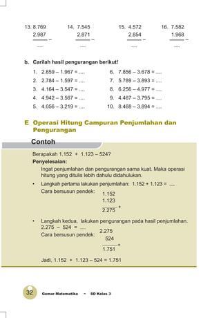 32 Gemar Matematika ~ SD Kelas 3
Contoh
b. Carilah hasil pengurangan berikut!
1. 2.859 – 1.967 = .... 6. 7.856 – 3.678 = ....
2. 2.784 – 1.597 = .... 7. 5.789 – 3.893 = ....
3. 4.164 – 3.547 = .... 8. 6.256 – 4.977 = ....
4. 4.942 – 3.567 = .... 9. 4.467 – 3.795 = ....
5. 4.056 – 3.219 = .... 10. 8.468 – 3.894 = ....
E. Operasi Hitung Campuran Penjumlahan dan
Pengurangan
Berapakah 1.152 + 1.123 – 524?
Penyelesaian:
Ingat penjumlahan dan pengurangan sama kuat. Maka operasi
hitung yang ditulis lebih dahulu didahulukan.
• Langkah pertama lakukan penjumlahan: 1.152 + 1.123 = ....
Cara bersusun pendek:
• Langkah kedua, lakukan pengurangan pada hasil penjumlahan.
2.275 – 524 = ....
Cara bersusun pendek:
1.152
1.123
_________
+
2.275
2.275
524
_________
+
1.751
Jadi, 1.152 + 1.123 – 524 = 1.751
13. 8.769 14. 7.545 15. 4.572 16. 7.582
2.987 2.871 2.854 1.968
_____ – _____ – _____ – _____ –
.... .... .... ....
 
