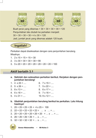 40 Gemar Matematika ~ SD Kelas 3
a. Salinlah dan selesaikan perkalian berikut. Kerjakan dengan pen-
jumlahan berulang!
1. 4 x 25 = .... 6. 7 x 15 = ....
2. 5 x 26 = .... 7. 5 x 22 = ....
3. 8 x 13 = .... 8. 6 x 17 = ....
4. 6 x 18 = .... 9. 7 x 16 = ....
5. 4 x 31 = .... 10. 9 x 12 = ....
b. Ubahlah penjumlahan berulang berikut ke perkalian. Lalu hitung
hasilnya!
1. 25 + 25 + 25 + 25 = 4 x 25 = 100
2. 22 + 22 + 22 + 22 + 22 = … x … = ....
3. 20 + 20 + 20 + 20 + 20 + 20 = … x … = ....
4. 26 + 26 + 26 + 26 = … x … = ....
5. 32 + 32 + 32 + 32 = … x … = ....
Buah jeruk yang dikemas = 30 + 30 + 30 + 30 = 120
Penjumlahan lalu diubah ke perkalian menjadi:
30 + 30 + 30 + 30 = 4 x 30 = 120
Jadi, jumlah jeruk yang dikemas adalah 120 buah.
Perkalian dapat diselesaikan dengan cara penjumlahan berulang.
Misalnya:
1. 2 x 15 = 15 + 15 = 30
2. 3 x 30 = 30 + 30 + 30 = 90
3. 5 x 20 = 20 + 20 + 20 + 20 + 20 + 20 = 100
Ingatlah!
30 30 30 30
Aktif berlatih 3.1
 