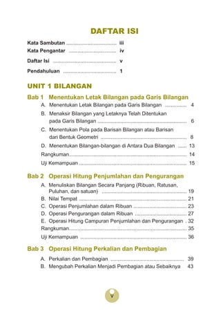 v
Kata Sambutan ................................... iii
Kata Pengantar ................................. iv
Daftar Isi ............................................ v
Pendahuluan ..................................... 1
UNIT 1 BILANGAN
Bab 1 Menentukan Letak Bilangan pada Garis Bilangan
A. Menentukan Letak Bilangan pada Garis Bilangan ............... 4
B. Menaksir Bilangan yang Letaknya Telah Ditentukan
pada Garis Bilangan .............................................................. 6
C. Menentukan Pola pada Barisan Bilangan atau Barisan
dari Bentuk Geometri ............................................................ 8
D. Menentukan Bilangan-bilangan di Antara Dua Bilangan ...... 13
Rangkuman.................................................................................. 14
Uji Kemampuan ........................................................................... 15
Bab 2 Operasi Hitung Penjumlahan dan Pengurangan
A. Menuliskan Bilangan Secara Panjang (Ribuan, Ratusan,
Puluhan, dan satuan) ........................................................... 19
B. Nilai Tempat ........................................................................... 21
C. Operasi Penjumlahan dalam Ribuan ..................................... 23
D. Operasi Pengurangan dalam Ribuan .................................... 27
E. Operasi Hitung Campuran Penjumlahan dan Pengurangan . 32
Rangkuman.................................................................................. 35
Uji Kemampuan .......................................................................... 36
Bab 3 Operasi Hitung Perkalian dan Pembagian
A. Perkalian dan Pembagian ................................................... 39
B. Mengubah Perkalian Menjadi Pembagian atau Sebaiknya 43
DAFTAR ISI
 