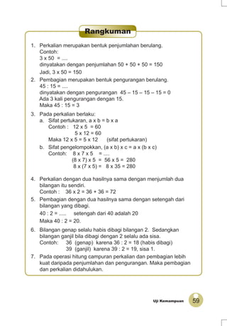 59Uji Kemampuan
1. Perkalian merupakan bentuk penjumlahan berulang.
Contoh:
3 x 50 = ....
dinyatakan dengan penjumlahan 50 + 50 + 50 = 150
Jadi, 3 x 50 = 150
2. Pembagian merupakan bentuk pengurangan berulang.
45 : 15 = ....
dinyatakan dengan pengurangan 45 – 15 – 15 – 15 = 0
Ada 3 kali pengurangan dengan 15.
Maka 45 : 15 = 3
3. Pada perkalian berlaku:
a. Sifat pertukaran, a x b = b x a
Contoh : 12 x 5 = 60
5 x 12 = 60
Maka 12 x 5 = 5 x 12 (sifat pertukaran)
b. Sifat pengelompokkan, (a x b) x c = a x (b x c)
Contoh: 8 x 7 x 5 = ....
(8 x 7) x 5 = 56 x 5 = 280
8 x (7 x 5) = 8 x 35 = 280
4. Perkalian dengan dua hasilnya sama dengan menjumlah dua
bilangan itu sendiri.
Contoh : 36 x 2 = 36 + 36 = 72
5. Pembagian dengan dua hasilnya sama dengan setengah dari
bilangan yang dibagi.
40 : 2 = ..... setengah dari 40 adalah 20
Maka 40 : 2 = 20.
6. Bilangan genap selalu habis dibagi bilangan 2. Sedangkan
bilangan ganjil bila dibagi dengan 2 selalu ada sisa.
Contoh: 36 (genap) karena 36 : 2 = 18 (habis dibagi)
39 (ganjil) karena 39 : 2 = 19, sisa 1.
7. Pada operasi hitung campuran perkalian dan pembagian lebih
kuat daripada penjumlahan dan pengurangan. Maka pembagian
dan perkalian didahulukan.
Rangkuman
 