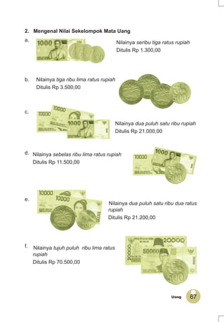 67Uang
2. Mengenal Nilai Sekelompok Mata Uang
a. Nilainya seribu tiga ratus rupiah
Ditulis Rp 1.300,00
Nilainya tiga ribu lima ratus rupiah
Ditulis Rp 3.500,00
Nilainya dua puluh satu ribu rupiah
Ditulis Rp 21.000,00
Nilainya sebelas ribu lima ratus rupiah
Ditulis Rp 11.500,00
b.
c.
d.
Nilainya dua puluh satu ribu dua ratus
rupiah
Ditulis Rp 21.200,00
e.
Nilainya tujuh puluh ribu lima ratus
rupiah
Ditulis Rp 70.500,00
f.
 