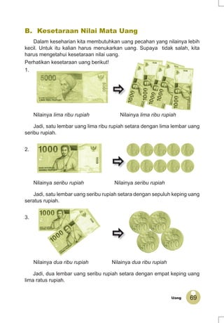 69Uang
B. Kesetaraan Nilai Mata Uang
Dalam keseharian kita membutuhkan uang pecahan yang nilainya lebih
kecil. Untuk itu kalian harus menukarkan uang. Supaya tidak salah, kita
harus mengetahui kesetaraan nilai uang.
Perhatikan kesetaraan uang berikut!
1.
Nilainya lima ribu rupiah Nilainya lima ribu rupiah
Jadi, satu lembar uang lima ribu rupiah setara dengan lima lembar uang
seribu rupiah.
2.
Nilainya seribu rupiah Nilainya seribu rupiah
Jadi, satu lembar uang seribu rupiah setara dengan sepuluh keping uang
seratus rupiah.
3.
Nilainya dua ribu rupiah Nilainya dua ribu rupiah
Jadi, dua lembar uang seribu rupiah setara dengan empat keping uang
lima ratus rupiah.
 