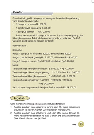 73Uang
Contoh
Pada hari Minggu Bu Ida pergi ke swalayan. Ia melihat harga barang
yang dibutuhkannya, yaitu:
• 1 bungkus mi instan Rp 800,00
• 1 botol minyak goreng Rp 5.275,00
• 1 bungkus permen Rp 3.225,00
Bu Ida lalu membeli 5 bungkus mi instan, 2 botol minyak goreng, dan
3 bungkus permen. Taksirlah berapa harga seluruh belanjaan Bu Ida!
Gunakan pembulatan ke ratusan terdekat!
Penyelesaian:
Diketahui:
Harga 1 bungkus mi instan Rp 800,00, dibulatkan Rp 800,00
Harga 1 botol minyak goreng Rp 5.275,00, dibulatkan Rp 5.300,00
Harga 1 bungkus permen Rp 3.225,00, dibulatkan Rp 3.200,00
Maka:
Taksiran harga 5 bungkus mi instan 5 x 800,00 = Rp 4.000,00
Taksiran harga 2 botol minyak goreng 2 x 5.300,00 = Rp 10.600,00
Taksiran harga 3 bungkus permen 3 x 3.200,00 = Rp 9.600,00
Taksiran harga semuanya = 4.000,00 + 10.600,00 + 9.600,00
= Rp 24.200,00
Jadi, taksiran harga seluruh belajaan Bu Ida adalah Rp 24.200,00.
Cara menaksir dengan pembulatan ke ratusan terdekat:
1. Apabila puluhan dan satuannya kurang dari 50, maka ratusannya
dibulatkan ke bawah. Contoh 225 dibulatkan menjadi 200.
2. Apabila puluhan dan satuannya lebih dari atau sama dengan 50,
maka ratusannya dibulatkan ke atas. Contoh 275 dibulatkan menjadi
300, 450 dibulatkan menjadi 500.
Ingatlah!
 