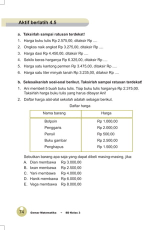 74 Gemar Matematika ~ SD Kelas 3
b. Selesaikanlah soal-soal berikut. Taksirlah sampai ratusan terdekat!
1. Ani membeli 5 buah buku tulis. Tiap buku tulis harganya Rp 2.375,00.
Taksirlah harga buku tulis yang harus dibayar Ani!
2. Daftar harga alat-alat sekolah adalah sebagai berikut.
Daftar harga
Nama barang Harga
Bolpoin Rp 1.000,00
Penggaris Rp 2.000,00
Pensil Rp 500,00
Buku gambar Rp 2.500,00
Penghapus Rp 1.500,00
Sebutkan barang apa saja yang dapat dibeli masing-masing, jika:
A. Dian membawa Rp 3.000,00
B. Iwan membawa Rp 2.500,00
C. Yani membawa Rp 4.000,00
D. Hanik membawa Rp 6.000,00
E. Vega membawa Rp 8.000,00
a. Taksirlah sampai ratusan terdekat!
1. Harga buku tulis Rp 2.575,00, ditaksir Rp ....
2. Ongkos naik angkot Rp 3.275,00, ditaksir Rp ....
3. Harga dasi Rp 4.450,00, ditaksir Rp ....
4. Sekilo beras harganya Rp 6.325,00, ditaksir Rp ....
5. Harga satu kantong permen Rp 3.475,00, ditaksir Rp ....
6. Harga satu liter minyak tanah Rp 3.235,00, ditaksir Rp ....
Aktif berlatih 4.5
 