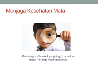 Menjaga Kesehatan Mata
Kandungan Vitamin A yang tinggi pada ikan
dapat menjaga kesehatan mata
 