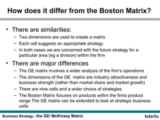 How does it differ from the Boston Matrix? 
• There are similarities: 
– Two dimensions are used to create a matrix 
– Each cell suggests an appropriate strategy 
– In both cases we are concerned with the future strategy for a 
particular area (eg a division) within the firm 
• There are major differences 
– The GE matrix involves a wider analysis of the firm’s operations 
– The dimensions of the GE matrix are industry attractiveness and 
business strength (rather than market share and market growth) 
– There are nine cells and a wider choice of strategies 
– The Boston Matrix focuses on products within the firms product 
range The GE matrix can be extended to look at strategic business 
units 
Business Strategy - the GE/ McKinsey Matrix 
 