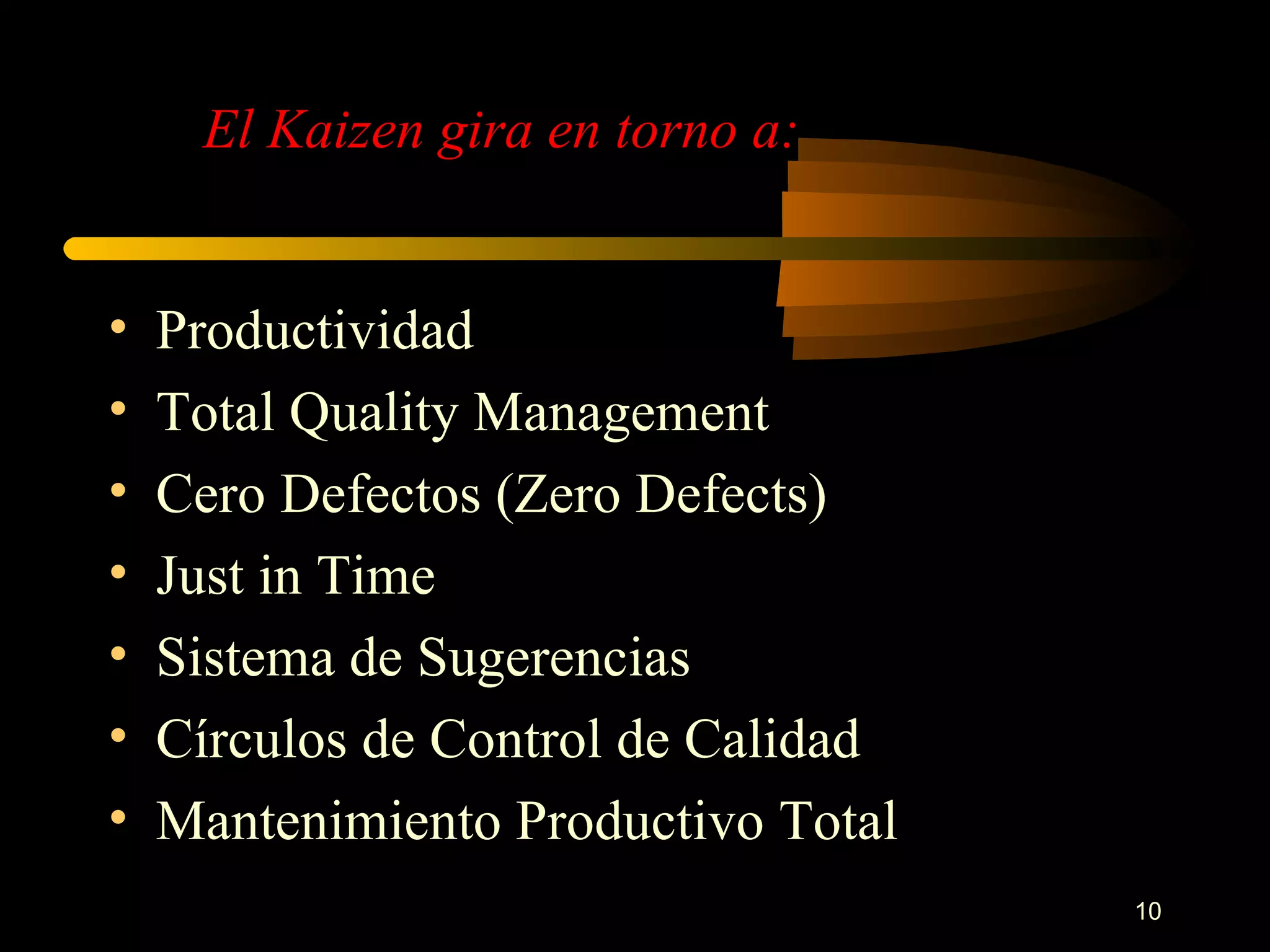 Productividad Total Quality Management Cero Defectos (Zero Defects) Just in Time Sistema de Sugerencias Círculos de Control de Calidad Mantenimiento Productivo Total El Kaizen gira en torno a: 