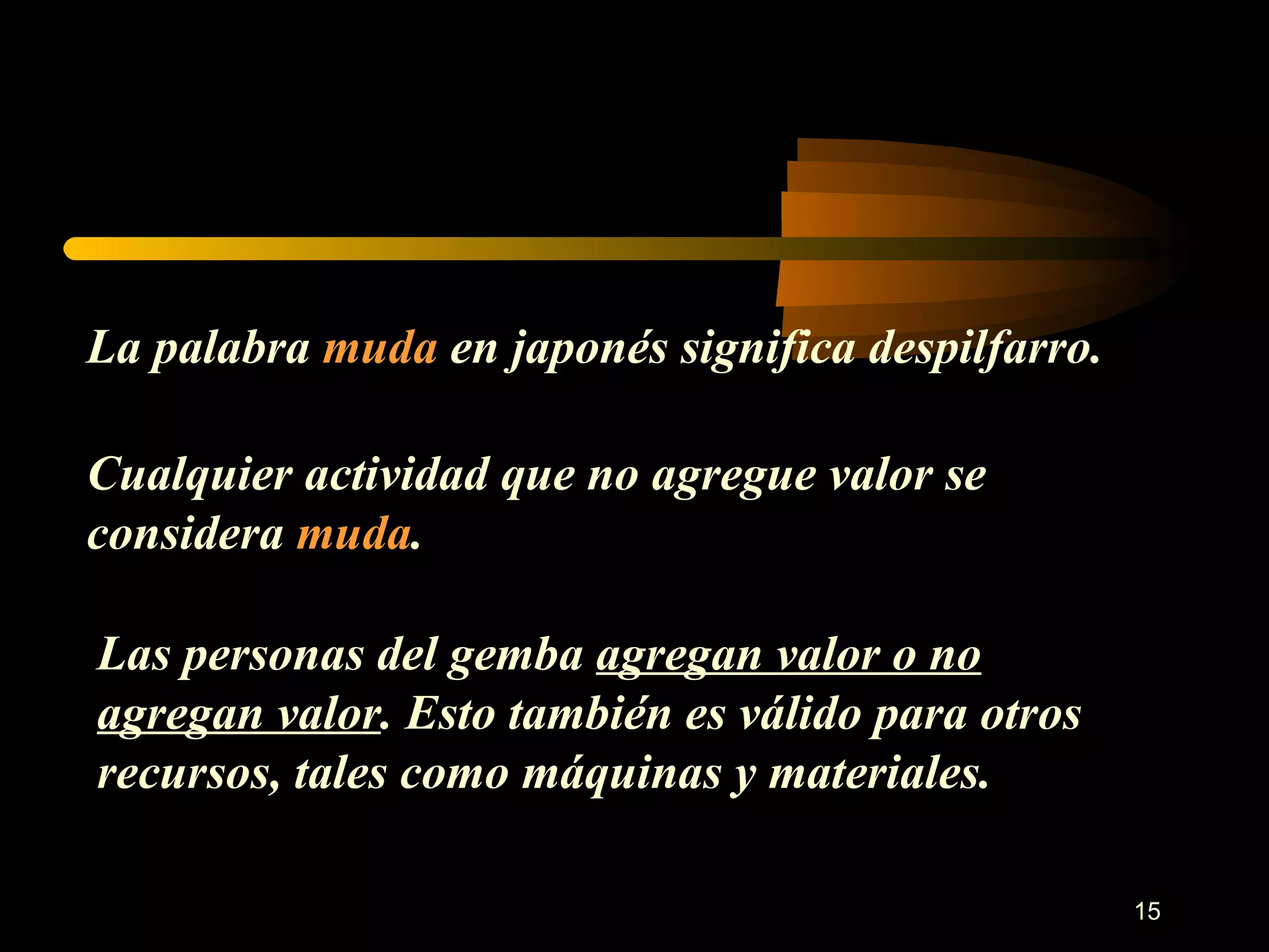 La palabra  muda  en japonés significa despilfarro. Cualquier actividad que no agregue valor se considera  muda . Las personas del gemba  agregan valor o no agregan valor . Esto también es válido para otros recursos, tales como máquinas y materiales. 