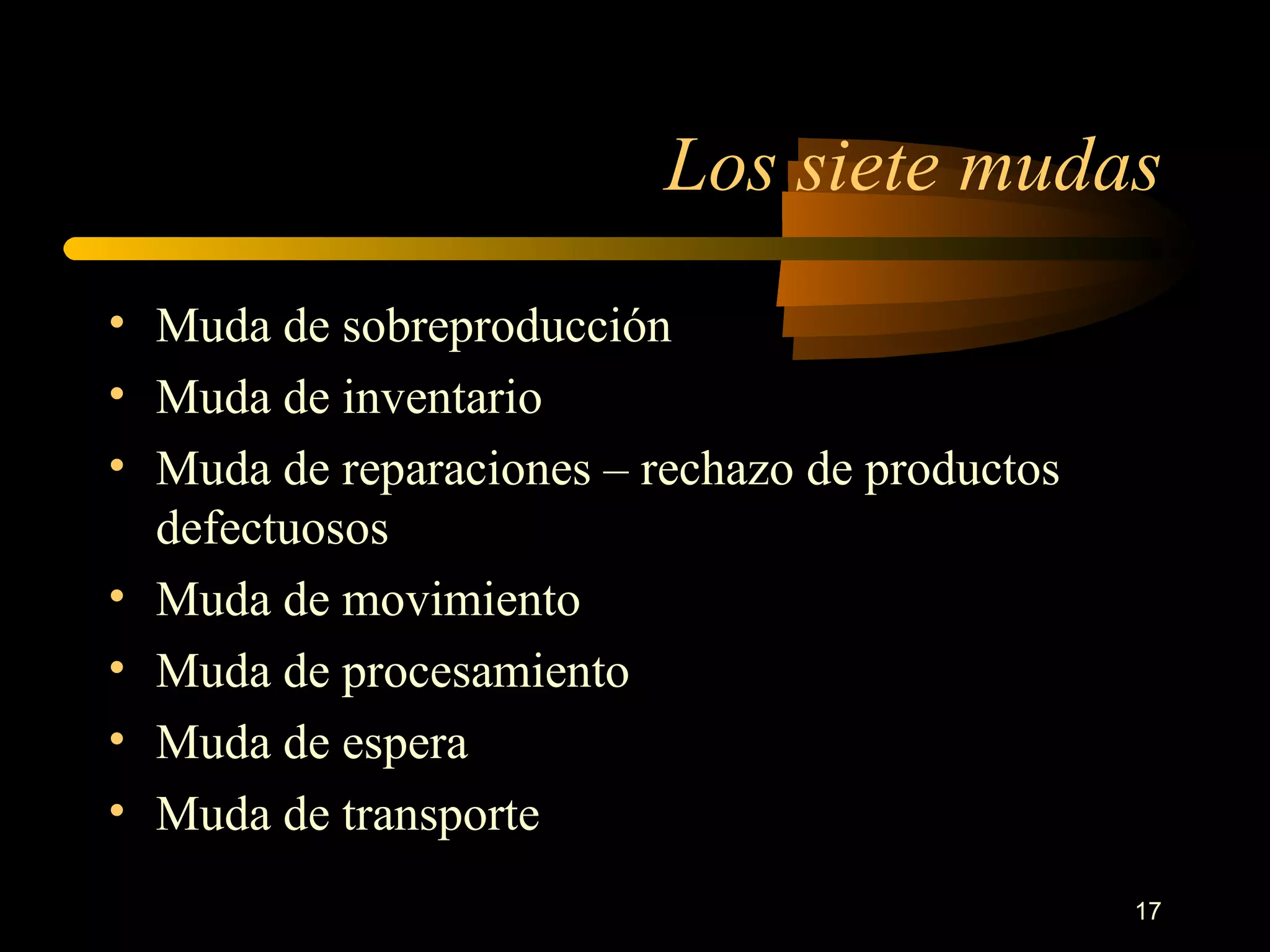 Los siete mudas Muda de sobreproducción Muda de inventario Muda de reparaciones – rechazo de productos defectuosos Muda de movimiento Muda de procesamiento Muda de espera Muda de transporte 