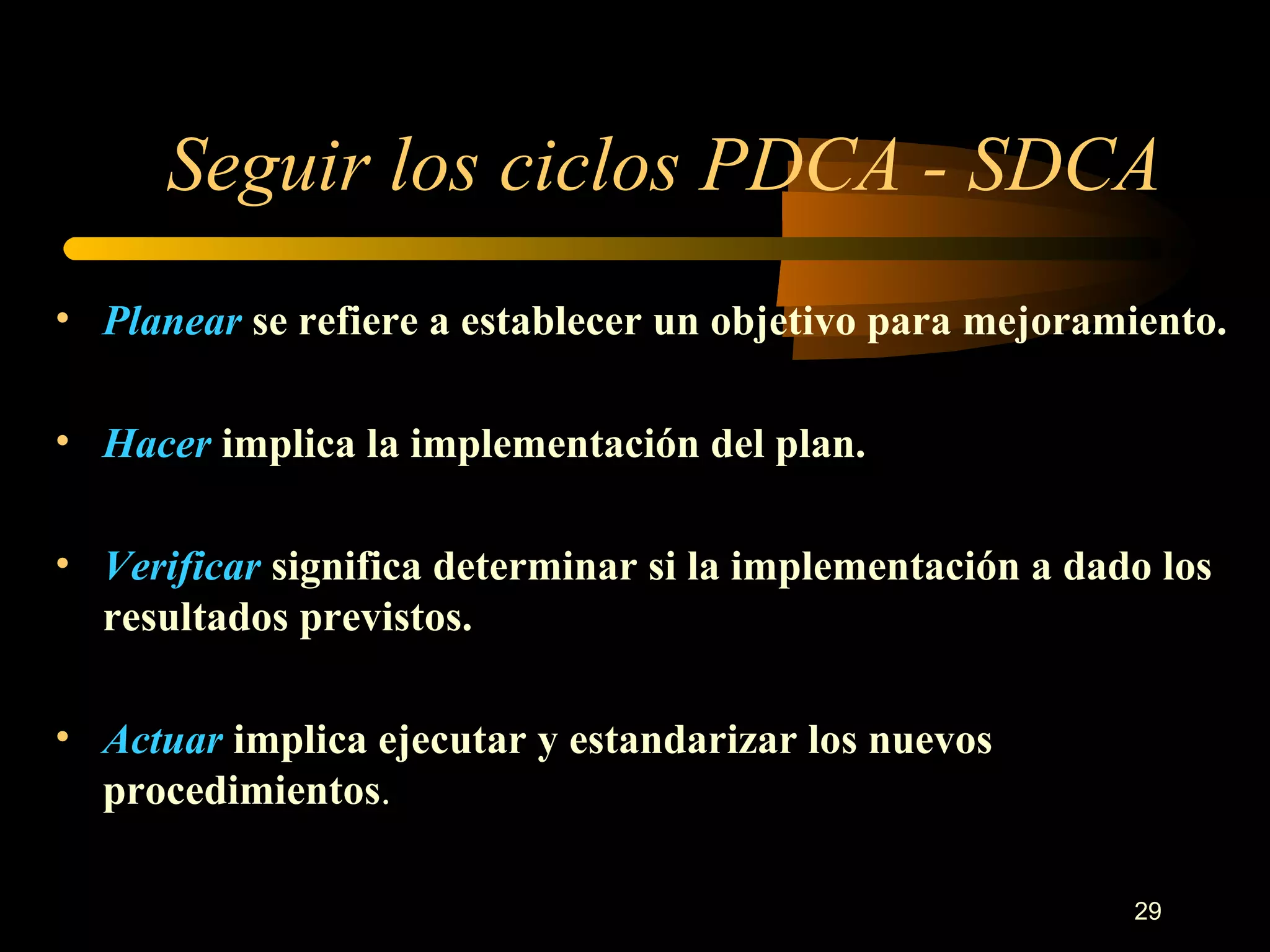 Seguir los ciclos PDCA - SDCA Planear  se refiere a establecer un objetivo para mejoramiento. Hacer  implica la implementación del plan. Verificar  significa determinar si la implementación a dado los resultados previstos. Actuar  implica ejecutar y estandarizar los nuevos procedimientos . 
