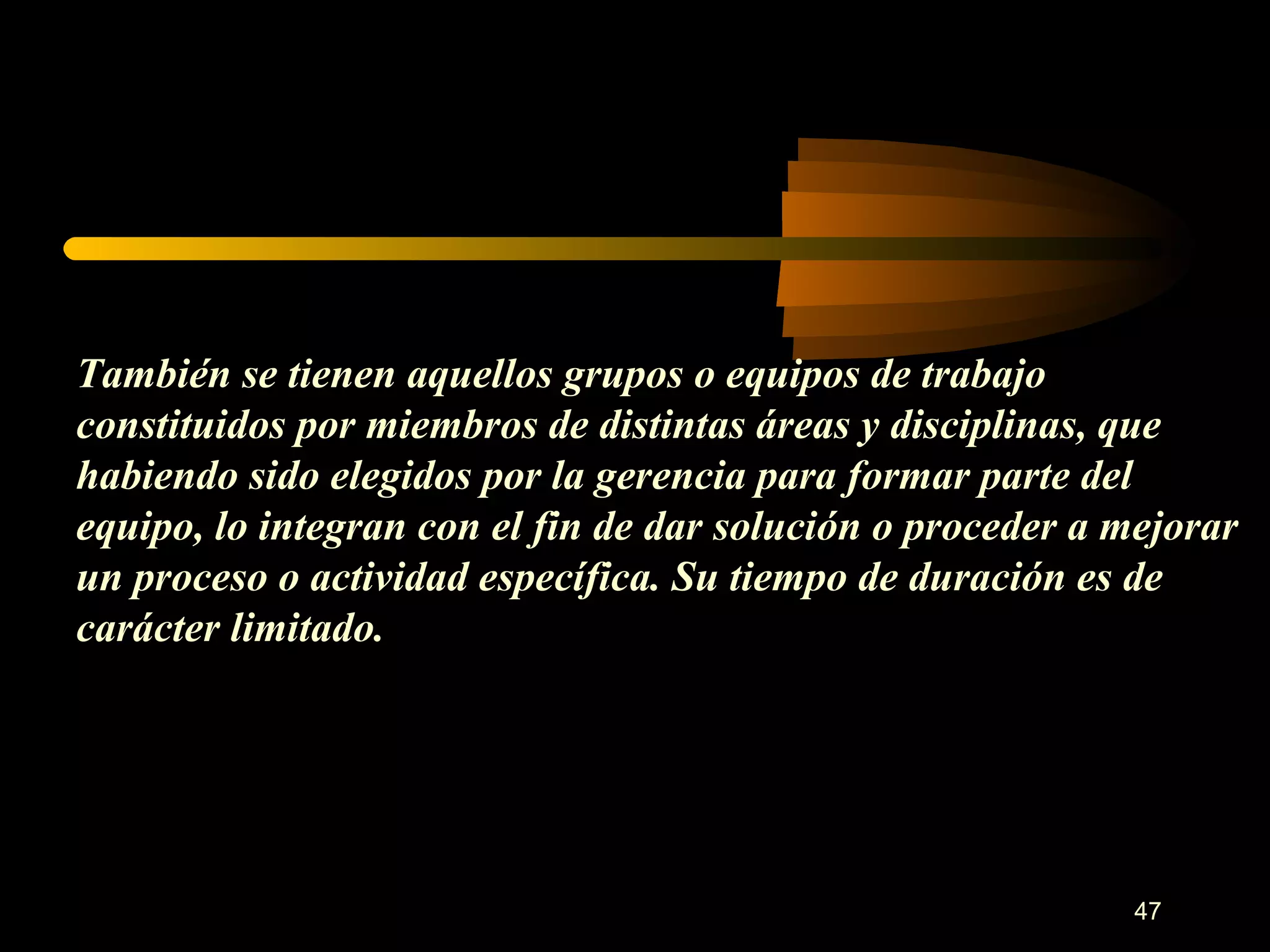 También se tienen aquellos grupos o equipos de trabajo constituidos por miembros de distintas áreas y disciplinas, que habiendo sido elegidos por la gerencia para formar parte del equipo, lo integran con el fin de dar solución o proceder a mejorar un proceso o actividad específica. Su tiempo de duración es de carácter limitado. 