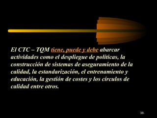 El CTC – TQM  tiene, puede y debe  abarcar actividades como el despliegue de políticas, la construcción de sistemas de aseguramiento de la calidad, la estandarización, el entrenamiento y educación, la gestión de costes y los círculos de calidad entre otros. 