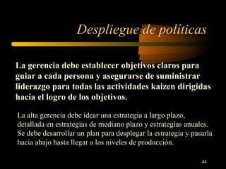 Despliegue de políticas La gerencia debe establecer objetivos claros para guiar a cada persona y asegurarse de suministrar liderazgo para todas las actividades kaizen dirigidas hacia el logro de los objetivos. La alta gerencia debe idear una estrategia a largo plazo, detallada en estrategias de mediano plazo y estrategias anuales. Se debe desarrollar un plan para desplegar la estrategia y pasarla hacia abajo hasta llegar a los niveles de producción. 