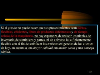 Si el  gemba  no puede hacer que sus procedimientos sean  cortos ,  flexibles ,  eficientes ,  libres de productos defectuosos  y  de tiempo   ocioso de la maquinaria ,  no hay esperanza de reducir los niveles de inventario de suministro y partes, ni de volverse lo suficientemente flexible con el fin de satisfacer las estrictas exigencias de los clientes de hoy , en cuanto a una  mayor calidad , un  menor costo  y una  entrega   rápida . 