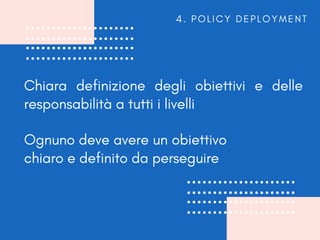 Chiara definizione degli obiettivi e delle
responsabilità a tutti i livelli
4 . P O L I C Y D E P L O Y M E N T
Ognuno deve avere un obiettivo
chiaro e definito da perseguire
 