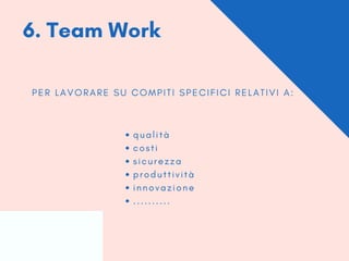 6. Team Work
P E R L A V O R A R E S U C O M P I T I S P E C I F I C I R E L A T I V I A :
q u a l i t à
c o s t i
s i c u r e z z a
p r o d u t t i v i t à
i n n o v a z i o n e
. . . . . . . . . .
 