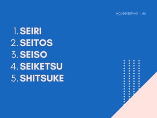 SEIRI
SEITOS
SEISO
SEIKETSU
SHITSUKE
1.
2.
3.
4.
5.
HOUSEKEEPING - 5S
 