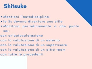Shitsuke
M a n t i e n i l ' a u t o d i s c i p l i n a
l e 5 s d e v o n o d i v e n t a r e u n o s t i l e
M o n i t o r a p e r i o d i c a m e n t e a c h e p u n t o
s e i :
c o n u n ' a u t o v a l u t a z i o n e
c o n l a v a l u t a z i o n e d i u n e s t e r n o
c o n l a v a l u t a z i o n e d i u n s u p e r v i s o r e
c o n l a v a l u t a z i o n e d i u n a l t r o t e a m
c o n t u t t e l e p r e c e d e n t i
 