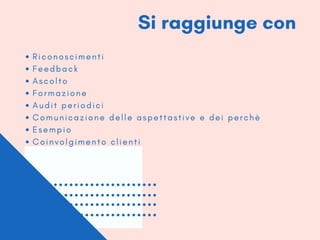 Si raggiunge con
R i c o n o s c i m e n t i
F e e d b a c k
A s c o l t o
F o r m a z i o n e
A u d i t p e r i o d i c i
C o m u n i c a z i o n e d e l l e a s p e t t a s t i v e e d e i p e r c h è
E s e m p i o
C o i n v o l g i m e n t o c l i e n t i
 