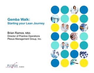 Gemba Walk:
Starting your Lean Journey


Brian Ramos, MBA
Director of Practice Operations
Plexus Management Group, Inc.




          © 2013
 