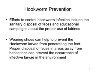 Hookworm Prevention
•  Efforts to control hookworm infection include the
sanitary disposal of feces and educational
campaigns about the proper use of latrines
•  Wearing shoes can help to prevent the
Hookworm larvae from penetrating the feet.
Proper disposal of feces in areas away from
habitations can prevent the occurrence of
infective larvae in the environment
18

 
