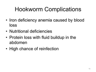 Hookworm Complications
•  Iron deficiency anemia caused by blood
loss
•  Nutritional deficiencies
•  Protein loss with fluid buildup in the
abdomen
•  High chance of reinfection

19

 