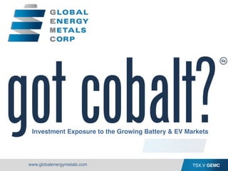 TSX.V GEMCwww.globalenergymetals.com
Investment Exposure to the Growing Battery & EV Markets
 