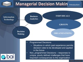 ©2016 L. SCHLENKER
Information
Technology
Business
Analytics
Decision
Making
INDIVIDUALS
GROUPS
ORGANIZATIONS
• Programmed Decisions
– Situations in which past experience permits
decision rules to be developed and applied
in the future
• Non_programmed Decisions – responses to
unique, poorly defined challenges that have
important consequences to the organization
Introduction
 