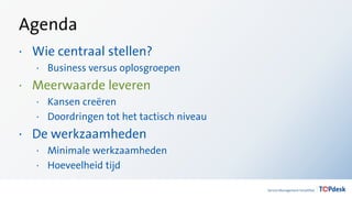Agenda
· Wie centraal stellen?
· Business versus oplosgroepen
· Meerwaarde leveren
· Kansen creëren
· Doordringen tot het tactisch niveau
· De werkzaamheden
· Minimale werkzaamheden
· Hoeveelheid tijd
 