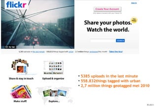 5385 uploads in the last minute  558.832things tagged with urban 2,7 million things geotagged mei 2010 