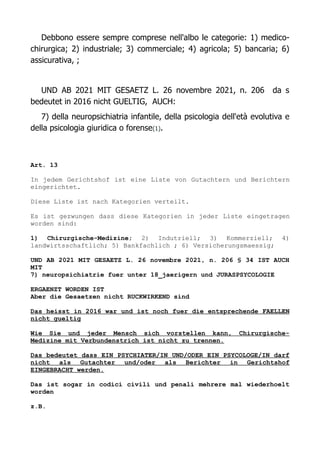 Debbono essere sempre comprese nell'albo le categorie: 1) medico-
chirurgica; 2) industriale; 3) commerciale; 4) agricola; 5) bancaria; 6)
assicurativa, ;
UND AB 2021 MIT GESAETZ L. 26 novembre 2021, n. 206 da s
bedeutet in 2016 nicht GUELTIG, AUCH:
7) della neuropsichiatria infantile, della psicologia dell'età evolutiva e
della psicologia giuridica o forense(1).
Art. 13
In jedem Gerichtshof ist eine Liste von Gutachtern und Berichtern
eingerichtet.
Diese Liste ist nach Kategorien verteilt.
Es ist gezwungen dass diese Kategorien in jeder Liste eingetragen
worden sind:
1) Chirurgische-Medizine; 2) Indutriell; 3) Kommerziell; 4)
landwirtsschaftlich; 5) Bankfachlich ; 6) Versicherungsmaessig;
UND AB 2021 MIT GESAETZ L. 26 novembre 2021, n. 206 § 34 IST AUCH
MIT
7) neuropsichiatrie fuer unter 18_jaerigern und JURASPSYCOLOGIE
ERGAENZT WORDEN IST
Aber die Gesaetzen nicht RUCKWIRKEND sind
Das heisst in 2016 war und ist noch fuer die entsprechende FAELLEN
nicht gueltig
Wie Sie und jeder Mensch sich vorstellen kann, Chirurgische-
Medizine mit Verbundenstrich ist nicht zu trennen.
Das bedeutet dass EIN PSYCHIATER/IN UND/ODER EIN PSYCOLOGE/IN darf
nicht als Gutachter und/oder als Berichter in Gerichtshof
EINGEBRACHT werden.
Das ist sogar in codici civili und penali mehrere mal wiederhoelt
worden
z.B.
 