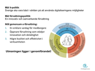 Mål it-politik: 
Sverige ska vara bäst i världen på att använda digitaliseringens möjligheter 
Mål förvaltningspolitik: 
En innovativ och samverkande förvaltning 
Mål gemensam e-förvaltning: 
1. En enklare vardag för medborgare 
2. Öppnare förvaltning som stödjer 
innovation och delaktighet 
3. Högre kvalitet och effektivitet i 
verksamheten 
Utmaningen ligger i genomförandet! 
 