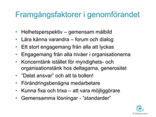 Framgångsfaktorer i genomförandet 
• Helhetsperspektiv – gemensam målbild 
• Lära känna varandra – forum och dialog 
• Ett stort engagemang från alla att lyckas 
• Engagemang från alla nivåer i organisationerna 
• Koncerntänk istället för myndighets- och 
organisationstänk hos deltagarna, generositet 
• ”Delat ansvar” och att ta bollen! 
• Förändringsbenägna medarbetare 
• Kunna fixa och trixa – att vara möjliggörare 
• Gemensamma lösningar - ”standarder” 
 