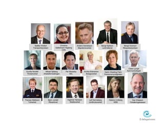 Staffan Widlert 
Transportstyrelsen 
Christina 
Gellerbrant Hagberg 
CSN 
Anders Danielsson 
Migrationsverket 
Bengt Kjellson 
Lantmäteriet 
Bengt Svenson 
Rikspolisstyrelsen 
Gunilla Nordlöf 
Tillväxtverket 
Mikael Sjöberg 
Arbetsförmedlingen 
Per Mosseby 
SKL 
Annika Bränström 
Bolagsverket 
Katrin Westling Palm 
Pensionsmyndigheten 
Claes Ljungh 
Kammarkollegiet 
Therese Mattsson 
Tullverket 
Björn Jordell 
Riksarkivet 
Ingemar Hansson 
Skatteverket 
Leif Denneberg 
Jordbruksverket 
Helena Lindberg 
MSB 
Dan Eliasson 
Försäkringskassan 
 