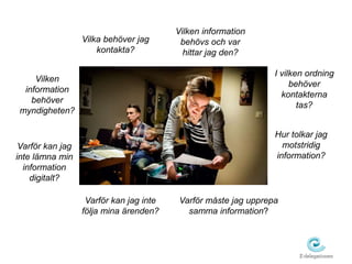 Hur tolkar jag 
motstridig 
information? 
Vilka behöver jag 
kontakta? 
Vilken information 
behövs och var 
hittar jag den? 
I vilken ordning 
behöver 
kontakterna 
tas? 
Varför kan jag inte 
följa mina ärenden? 
Vilken 
information 
behöver 
myndigheten? 
Varför måste jag upprepa 
samma information? 
Varför kan jag 
inte lämna min 
information 
digitalt? 
 