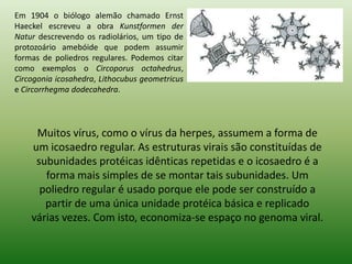 Em 1904 o biólogo alemão chamado Ernst Haeckel escreveu a obra Kunstformen der Natur descrevendo os radiolários, um tipo de protozoário amebóide que podem assumir formas de poliedros regulares. Podemos citar como exemplos o Circoporusoctahedrus, Circogoniaicosahedra, Lithocubusgeometricus e Circorrhegmadodecahedra. Muitos vírus, como o vírus da herpes, assumem a forma de um icosaedro regular. As estruturas virais são constituídas de subunidades protéicas idênticas repetidas e o icosaedro é a forma mais simples de se montar tais subunidades. Um poliedro regular é usado porque ele pode ser construído a partir de uma única unidade protéica básica e replicado várias vezes. Com isto, economiza-se espaço no genoma viral. 