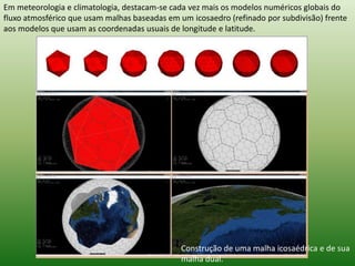Em meteorologia e climatologia, destacam-se cada vez mais os modelos numéricos globais do fluxo atmosférico que usam malhas baseadas em um icosaedro (refinado por subdivisão) frente aos modelos que usam as coordenadas usuais de longitude e latitude. Construção de uma malha icosaédrica e de sua malha dual. 