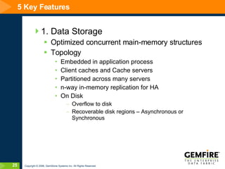 5 Key Features 1. Data Storage Optimized concurrent main-memory structures Topology Embedded in application process Client caches and Cache servers Partitioned across many servers n-way in-memory replication for HA On Disk Overflow to disk Recoverable disk regions – Asynchronous or Synchronous 
